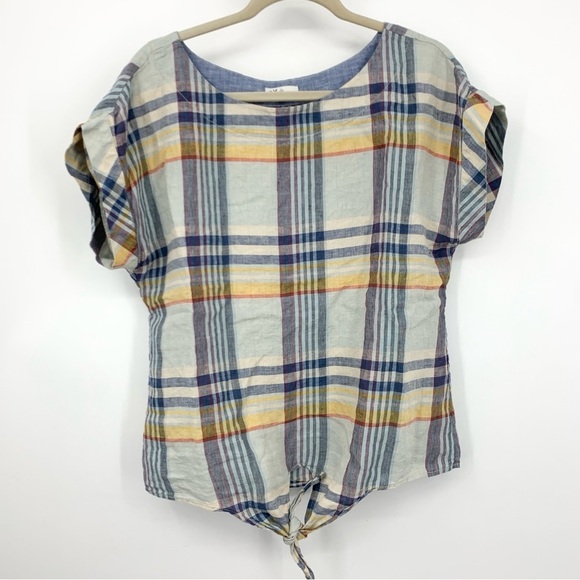 LL Bean Signature Women Size Medium Shirt Front Tie Top Blue Plaid Linen - Picture 1 of 6
